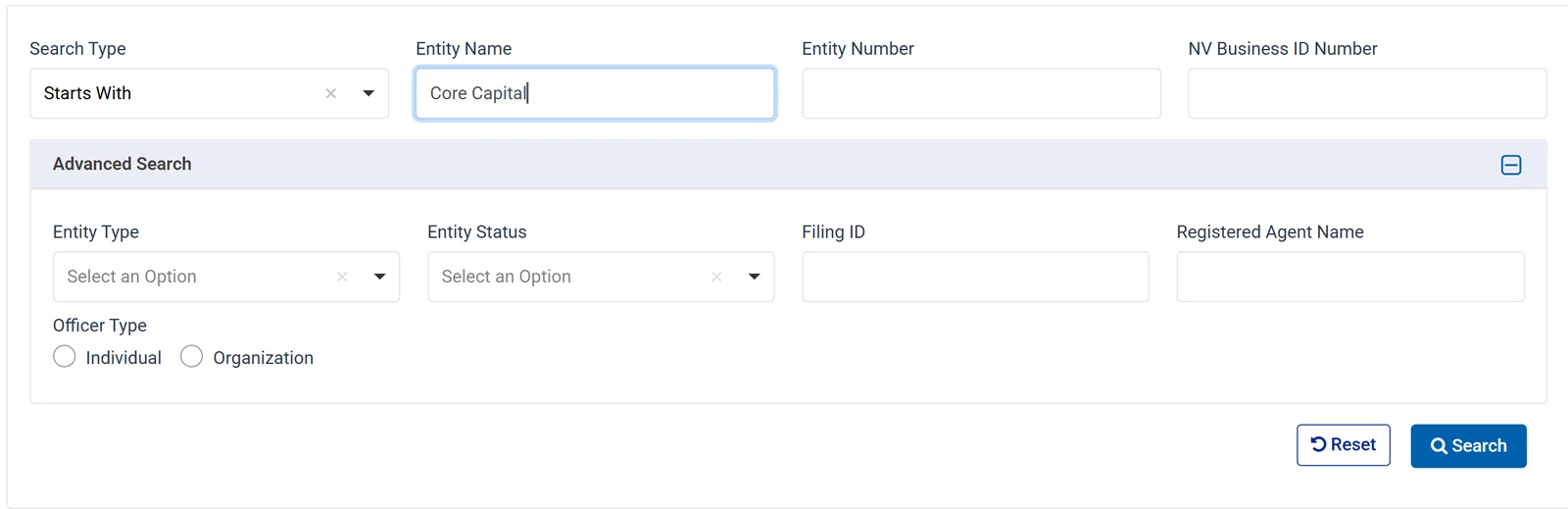 ORION business search form with Core Capital typed in Entity Name, Starts With selected, and the Advanced Search options Entity Type, Entity Status, Filing ID, Registered Agent Name and Officer Type