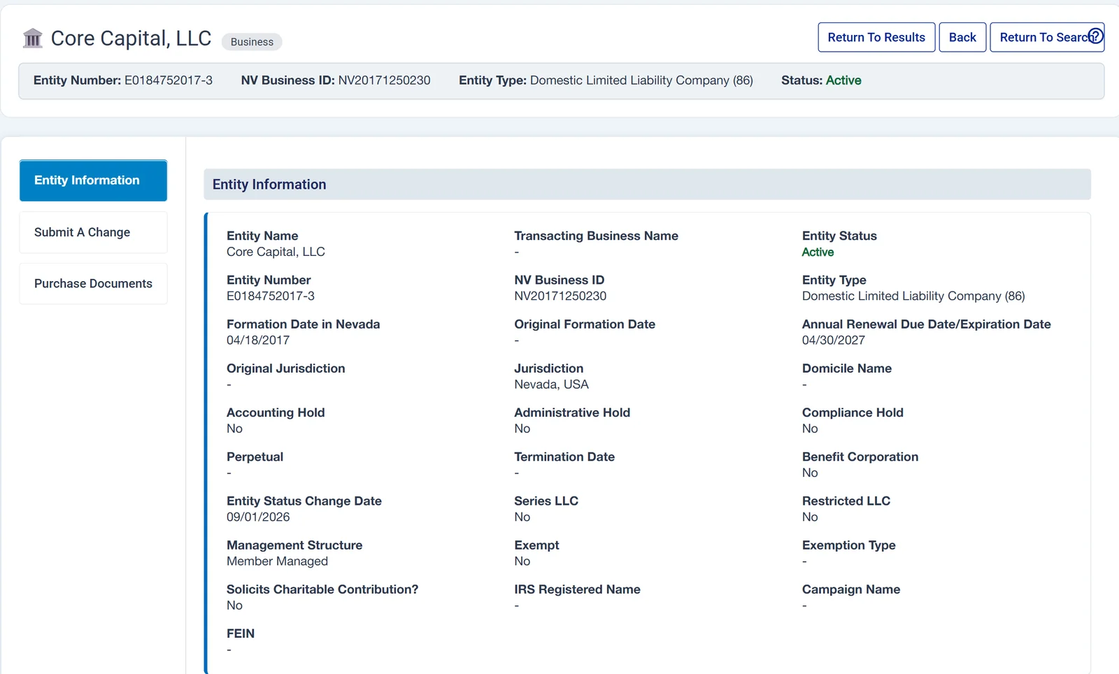 ORION Entity Information page of Core Capital, LLC showing its Entity Number, NV Business ID, formation date, annual renewal due date and the Accounting, Administrative and Compliance Hold fields