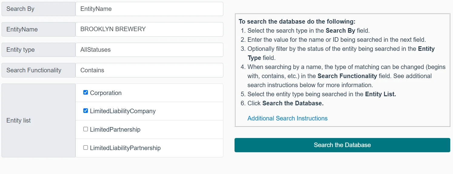 New York Department of State Corporation and Business Entity Database search form with Search By set to EntityName, BROOKLYN BREWERY typed in, Entity type AllStatuses, Search Functionality Contains and the Corporation and LimitedLiabilityCompany boxes ticked