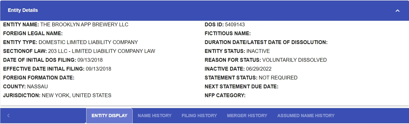 New York Department of State Entity Details for The Brooklyn App Brewery LLC showing DOS ID 5409143, entity status Inactive, reason for status Voluntarily Dissolved, inactive date 06/29/2022 and statement status Not Required, with the Name History, Filing History, Merger History and Assumed Name History tabs
