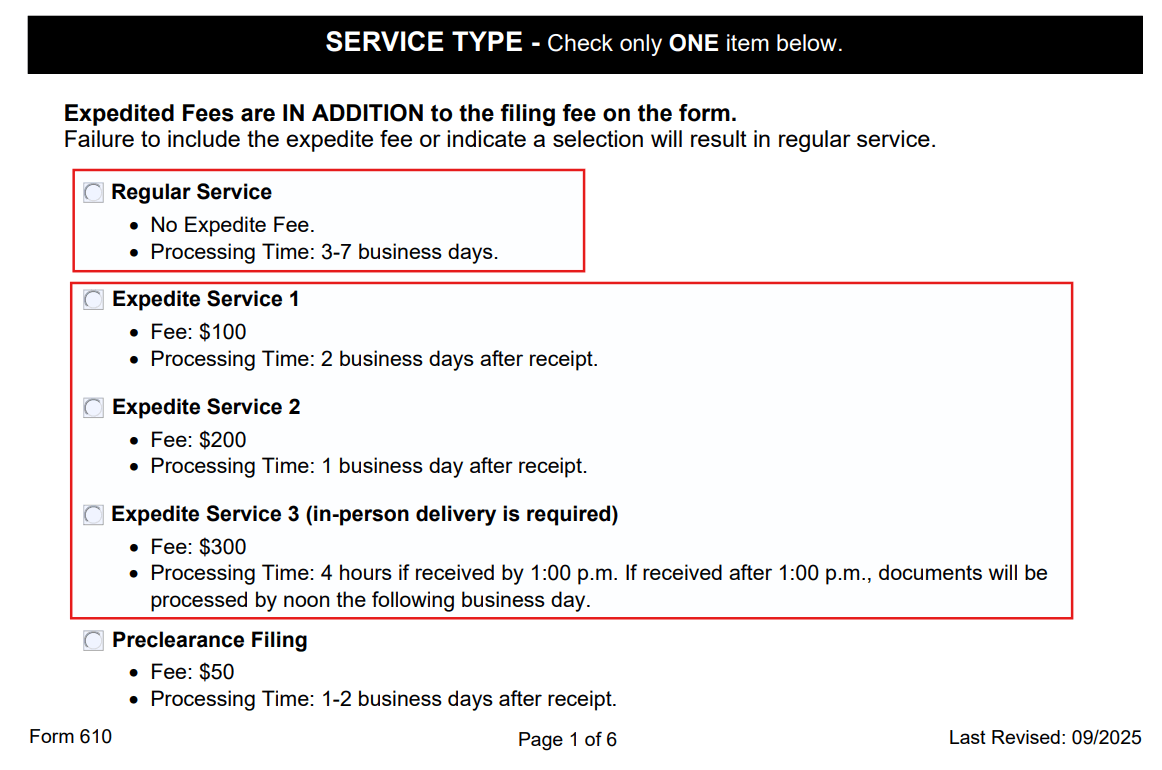 Ohio LLC processing times on Form 610