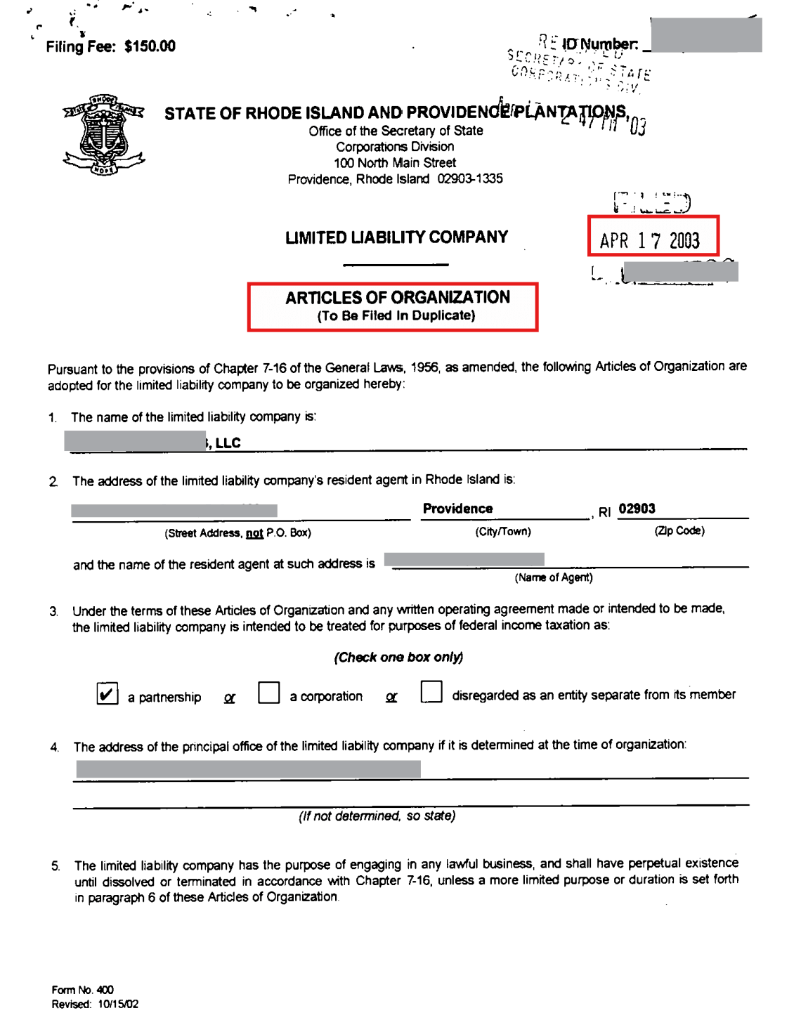 A Rhode Island LLC Clears in 1 to 3 Business Days 1 Rhode Island LLC Articles of Organization public filing