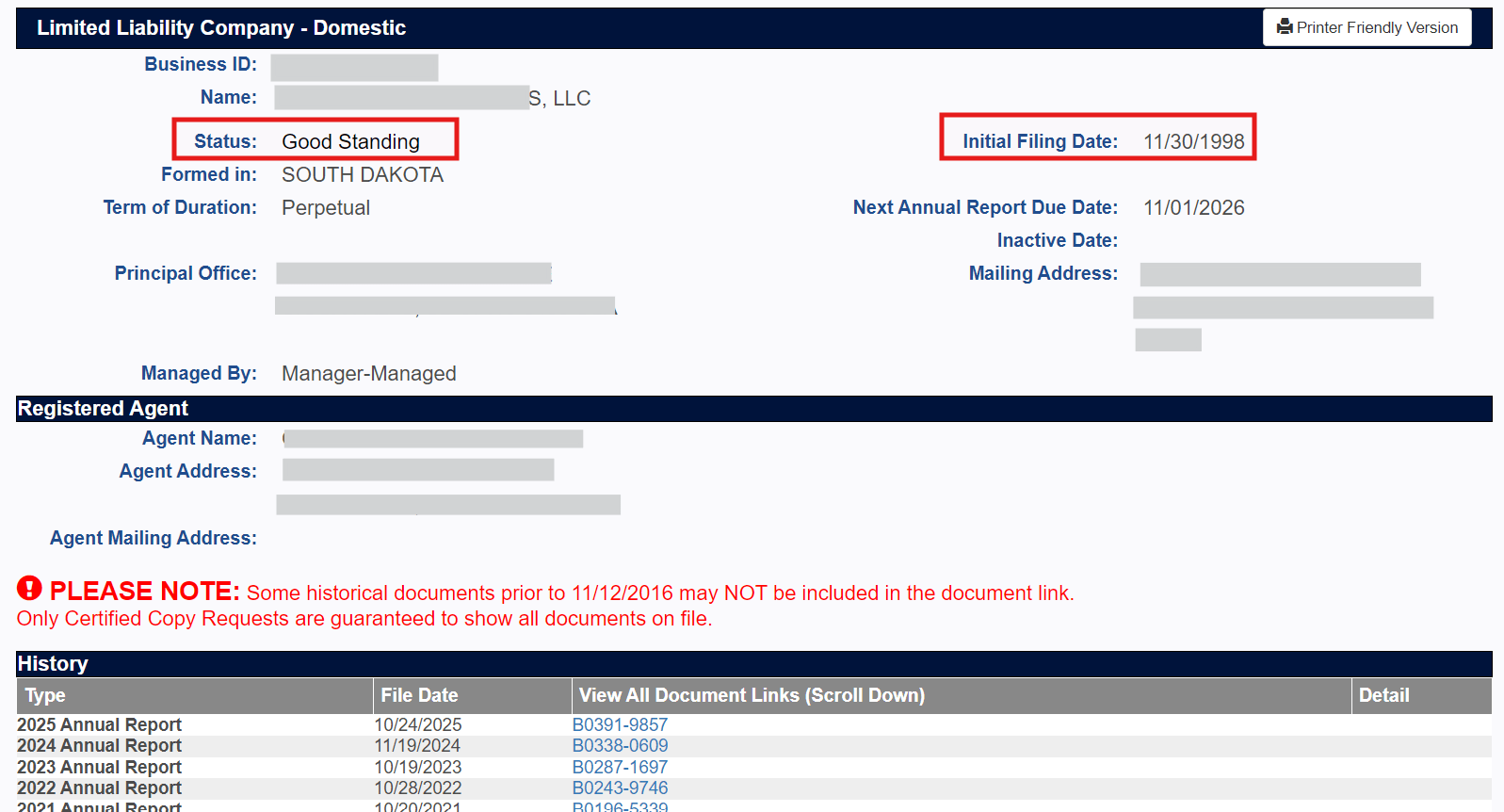 South Dakota LLC business filing showing good standing