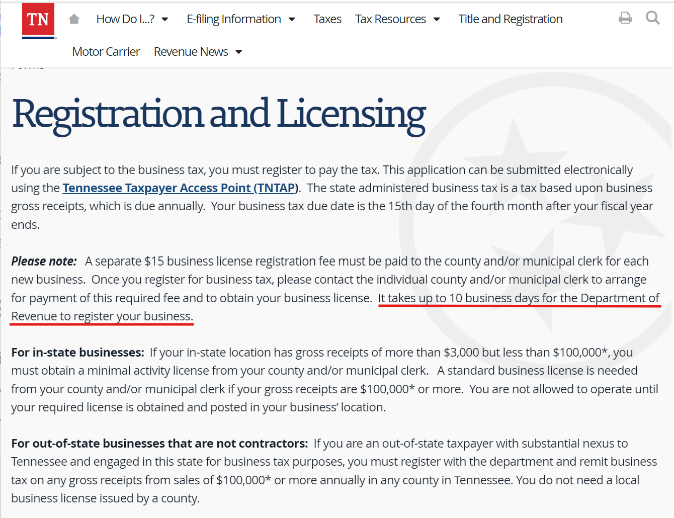 Tennessee business tax registration takes up to 10 business days