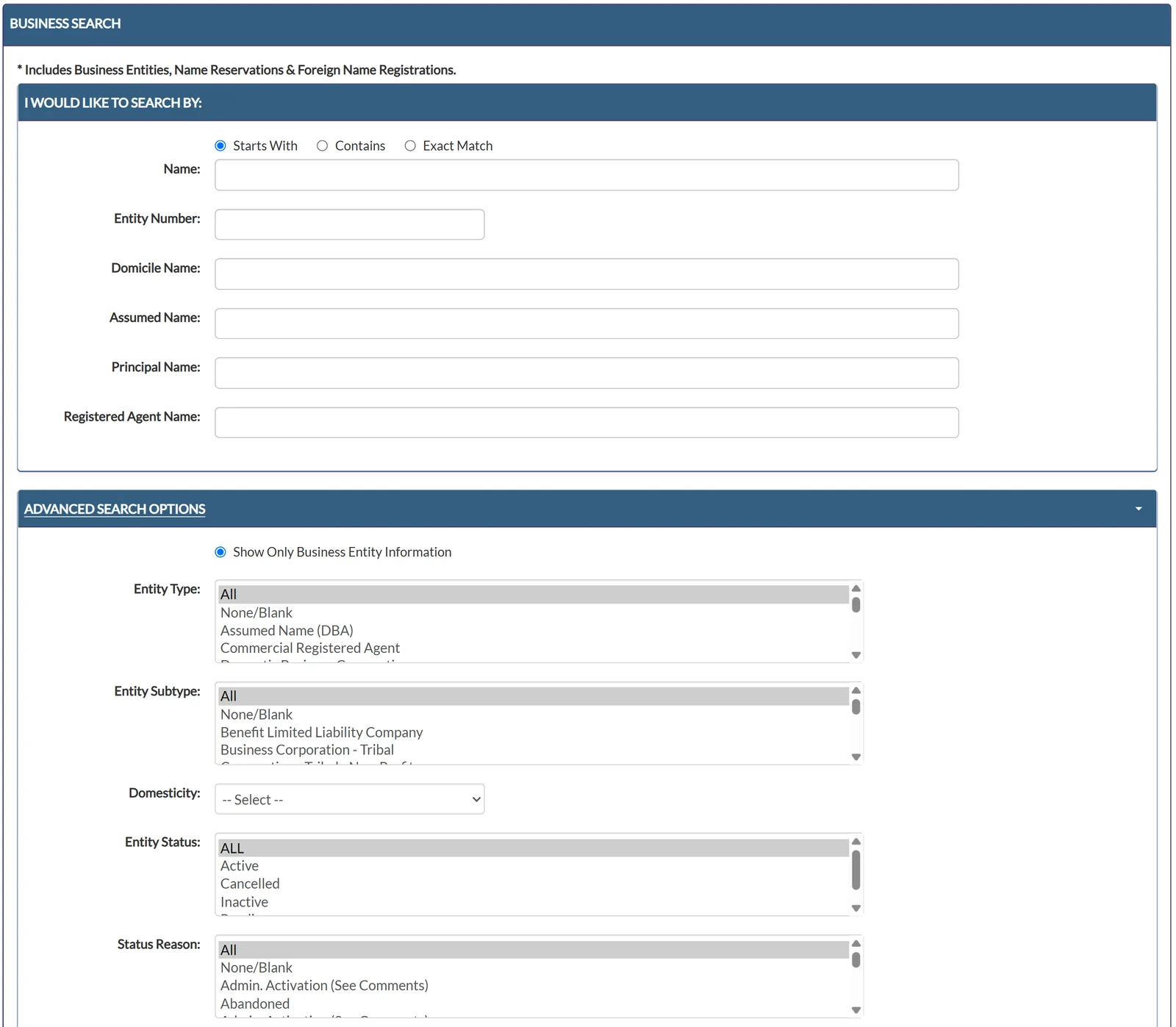 Utah Business Search form with Starts With, Contains and Exact Match options, fields for name, entity number, domicile name, assumed name, principal name and registered agent name, and advanced options for entity type, subtype, domesticity, status and status reason
