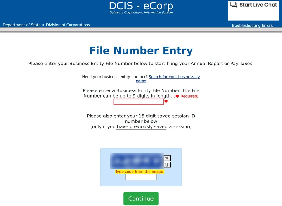 Delaware DCIS eCorp File Number Entry page for filing the annual report or paying taxes