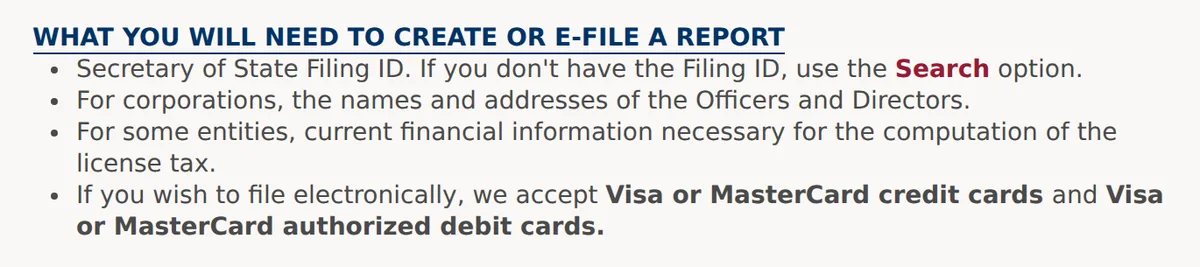 Wyoming Secretary of State list of what you need to file an annual report: Filing ID, officers and directors for corporations, financial information for the license tax, Visa or Mastercard