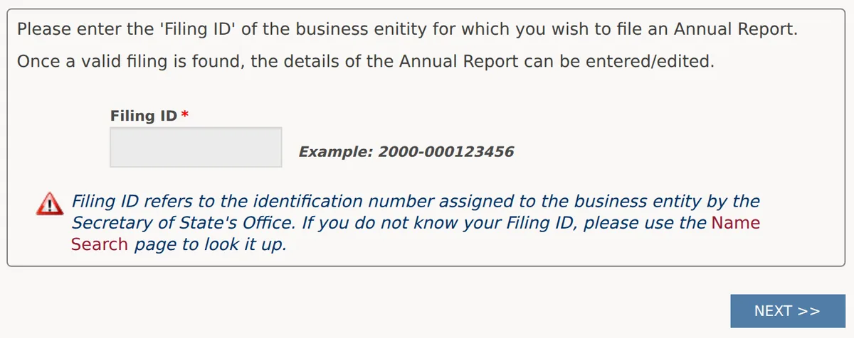 First step of the Wyoming Annual Report Wizard asking for the Secretary of State Filing ID, example 2000-000123456